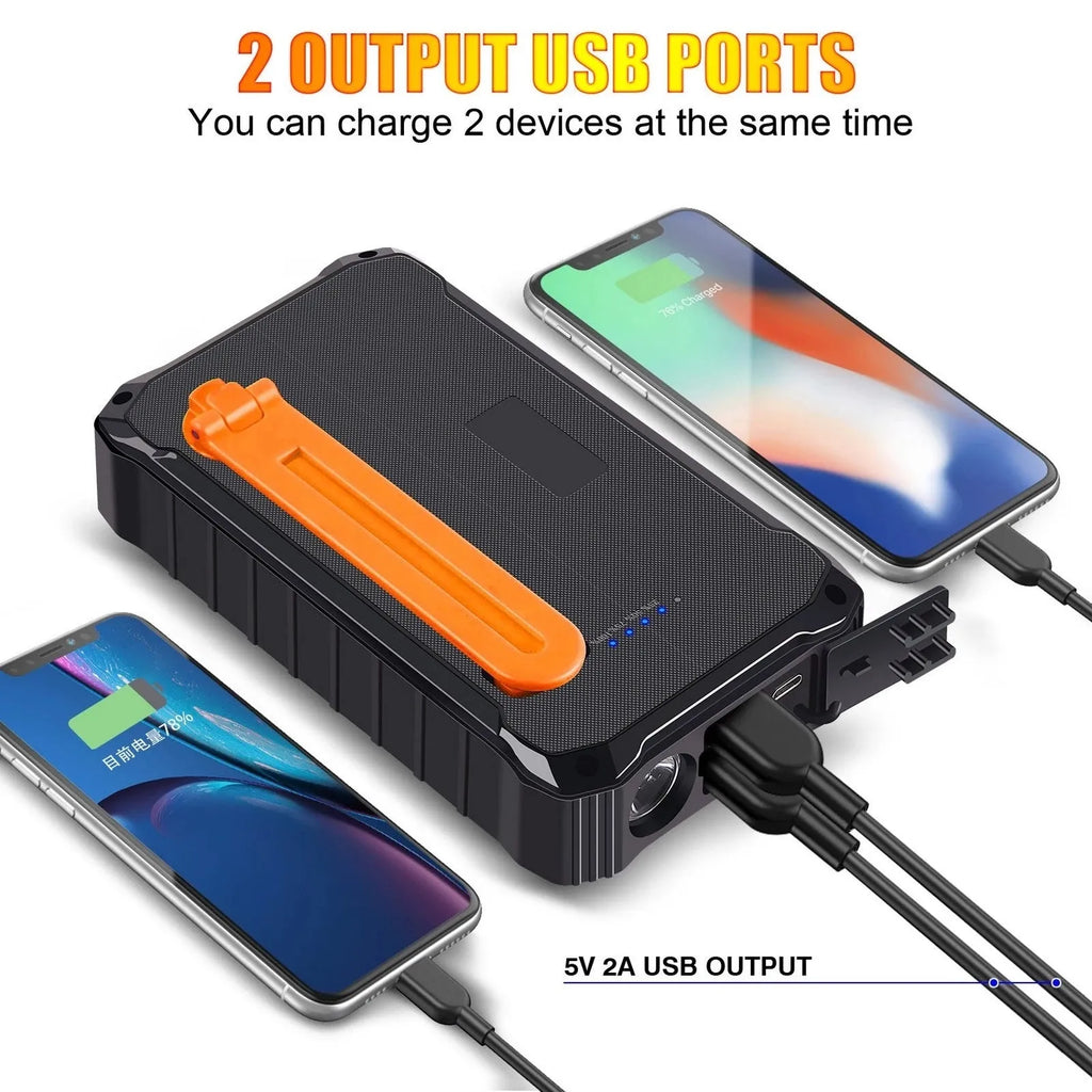 Orange and green hand solar power bank with solar panel, hand crank, dual USB ports, and LED light