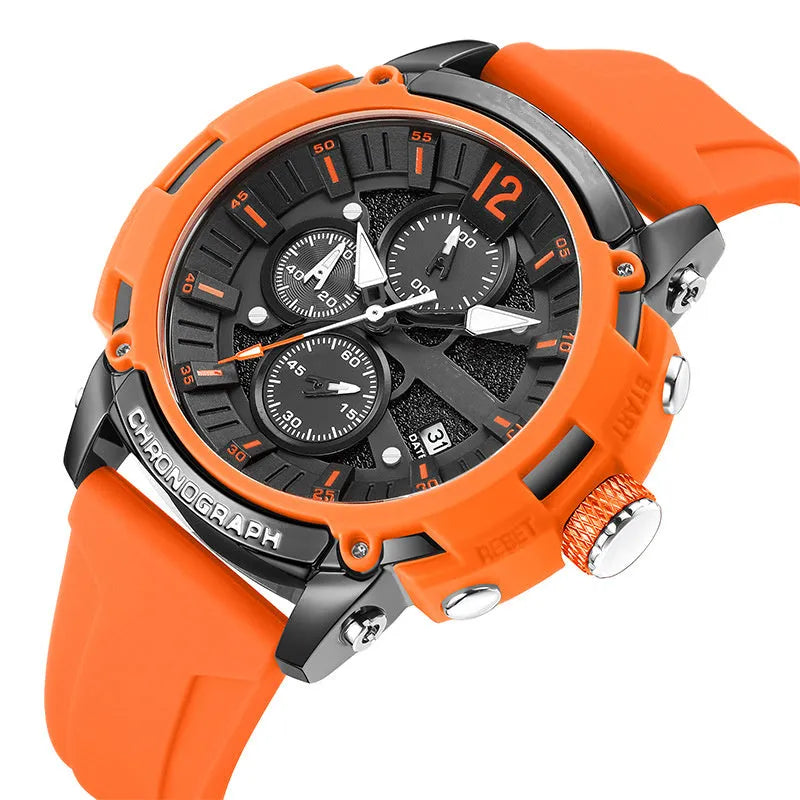 Men's digital watch with luminous display showing time and calendar, waterproof case