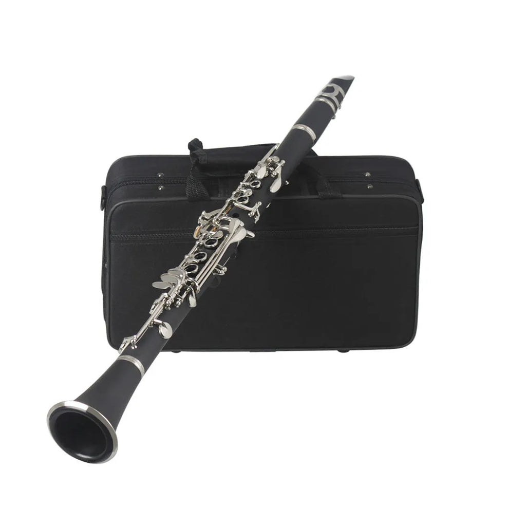 Black beginner clarinet with 17 Bakelite keys and protective carrying bag