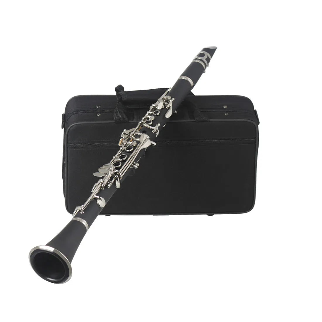 Black beginner clarinet with 17 Bakelite keys and protective carrying bag