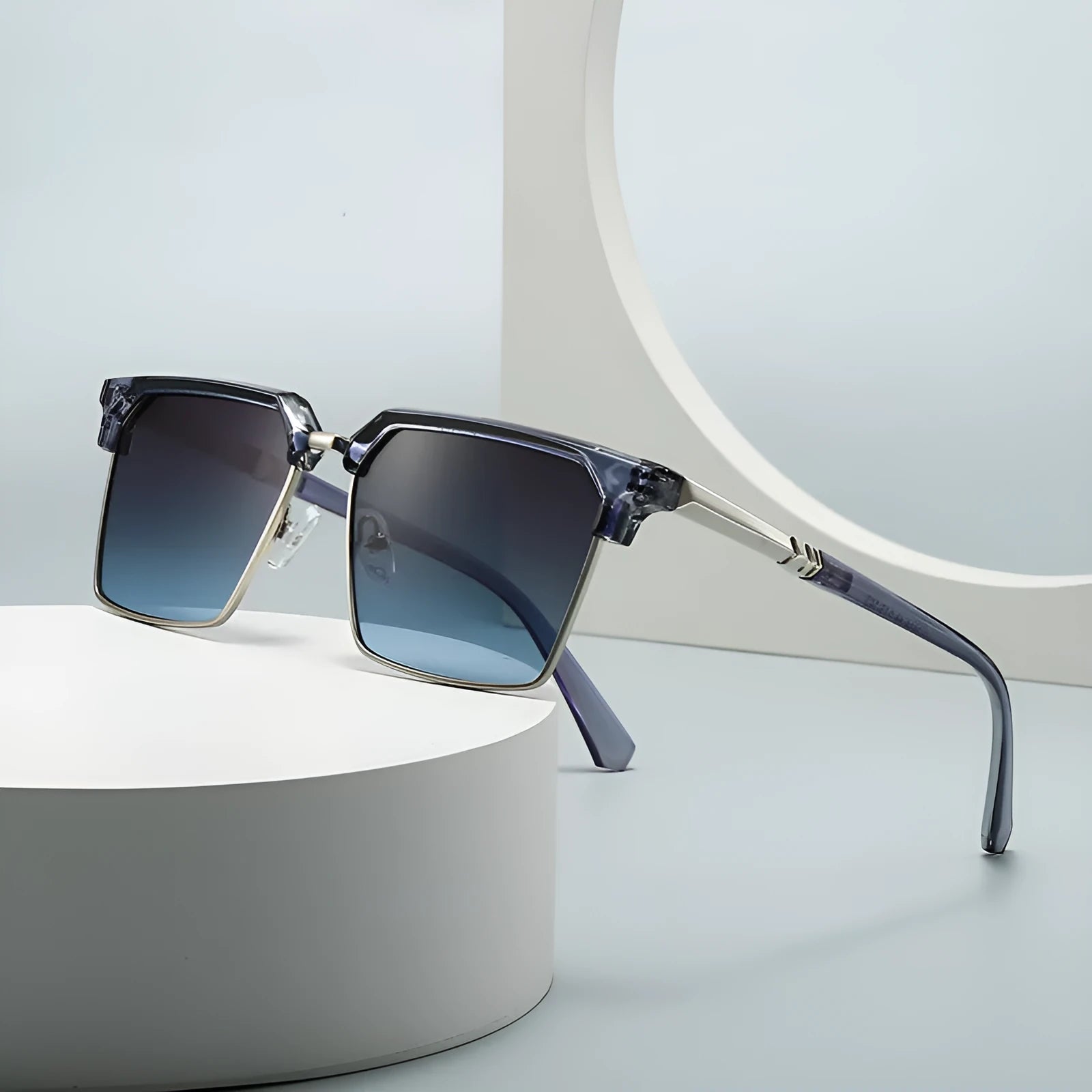 Men's square sunglasses with plastic frame in six colour options showing box-style design