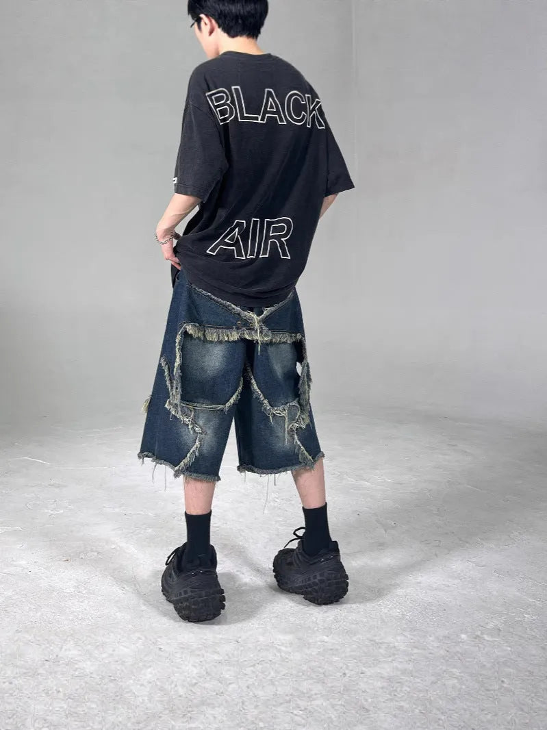 Blue men's retro denim shorts with frayed hem and embroidered five-pointed star, loose fit style