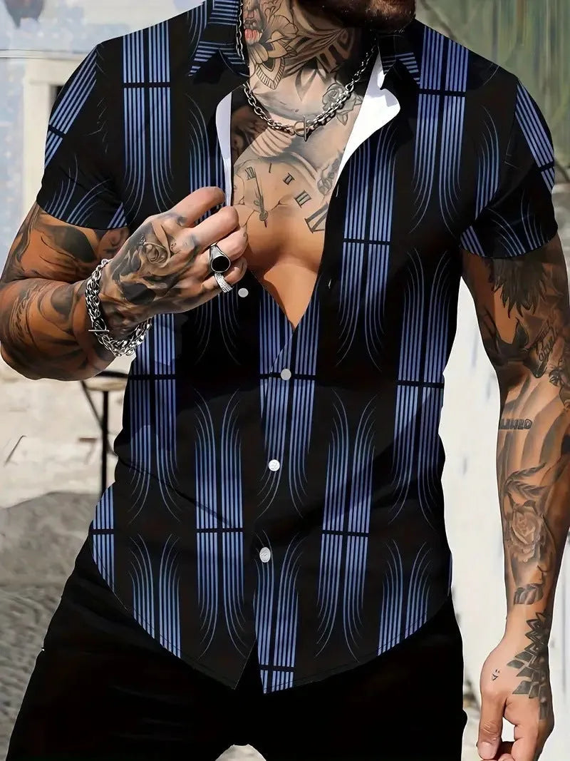 Men's geometric line print lapel short sleeve shirt in slim fit polyester
