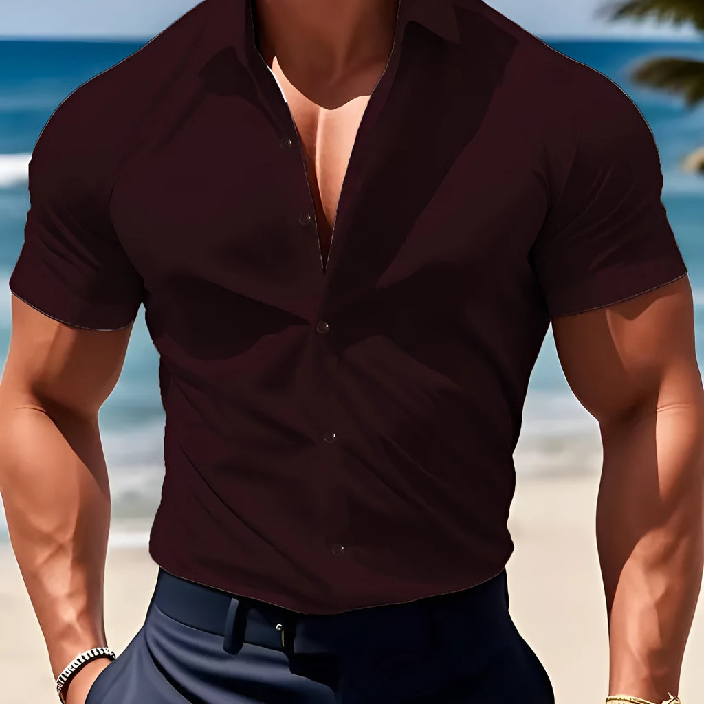 Men's brown short sleeve casual cardigan shirt with a collar.