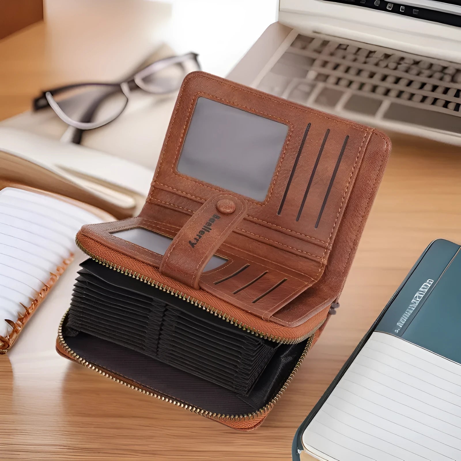 Women's black PU leather zip coin purse with card slots, shown alongside red, brown, and light grey colour options.