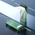 Black alloy power bank showing LCD display and USB ports, dimensions 140x66.5x27.5mm