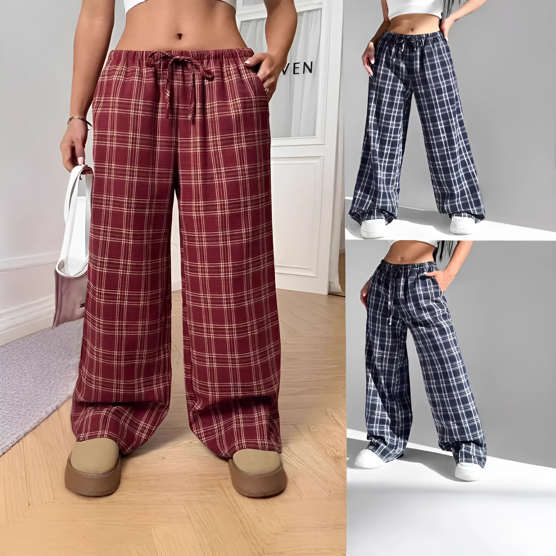 Red women's loose fit plaid trousers with drawstring waist and pockets on a mannequin.