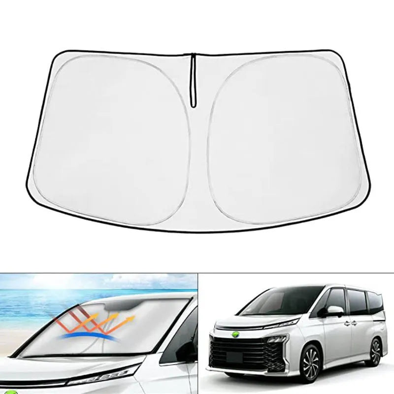 Silver tape car windshield sunshade for NOAH XOVY 90 series vehicles folded for storage