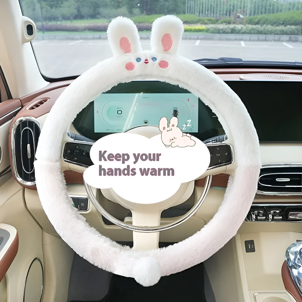 Plush car steering wheel cover with embroidered animal design for winter thermal insulation