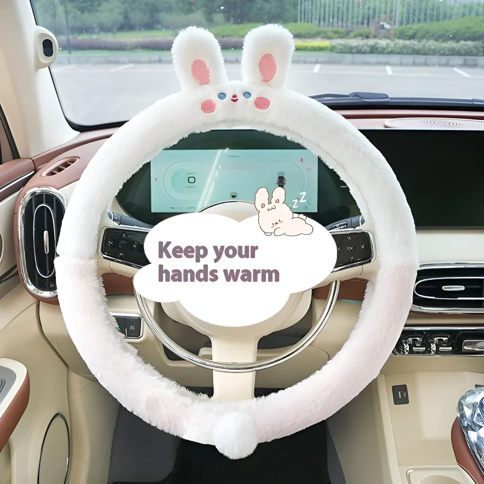 Plush car steering wheel cover with embroidered animal design for winter thermal insulation