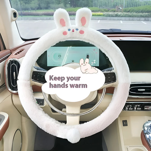 Plush car steering wheel cover with embroidered animal design for winter thermal insulation