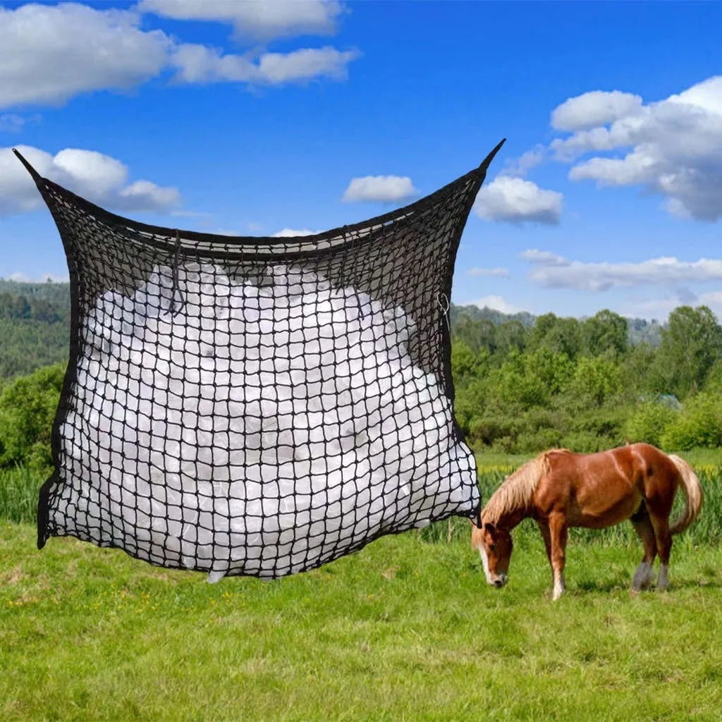 Black woven grid hanging feeding bag for horses and cattle, showing size and rope construction.