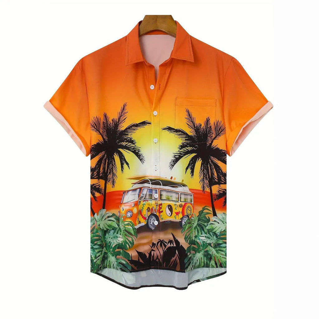 Men's flower pattern short sleeve cardigan shirt loose fit polyester summer top