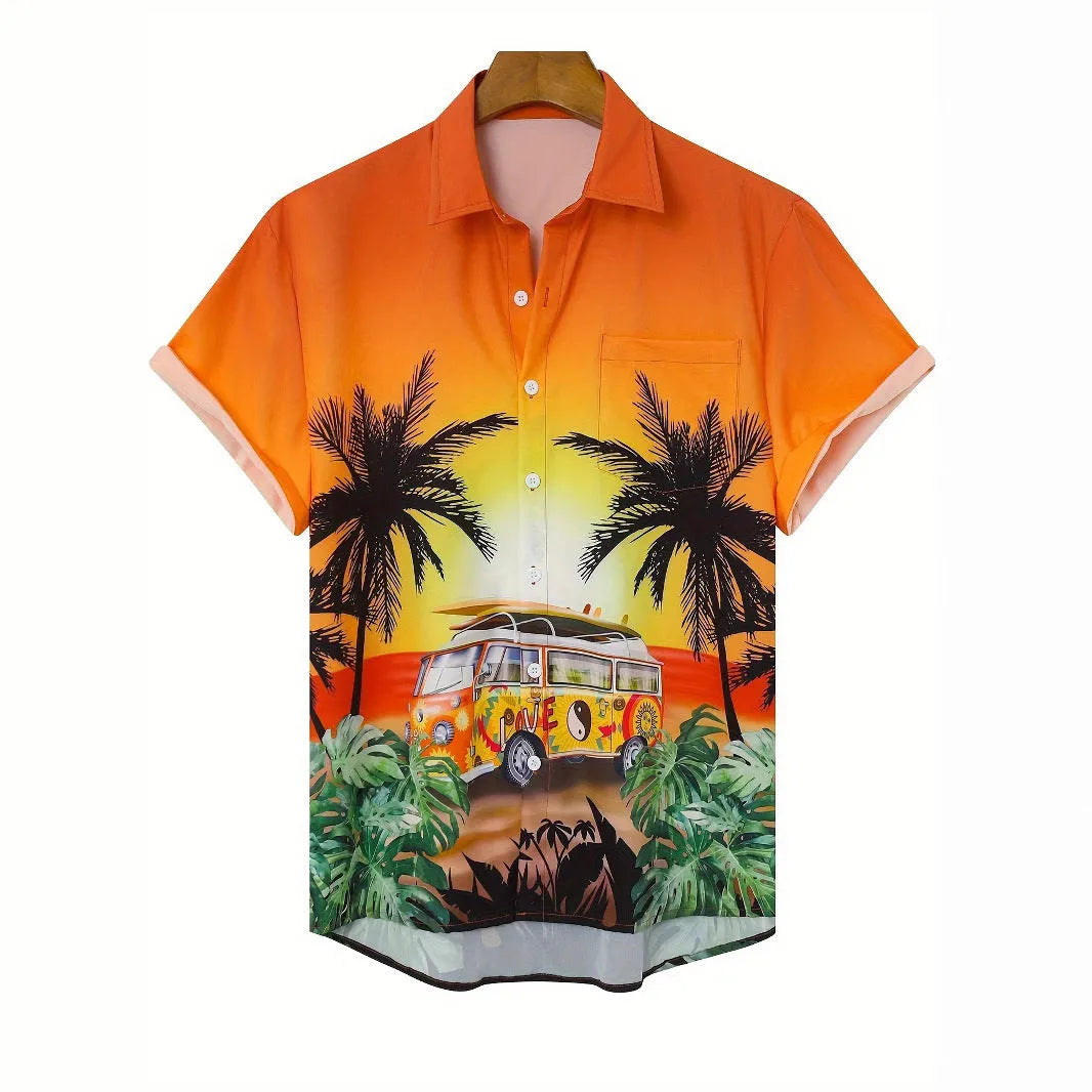 Men's flower pattern short sleeve cardigan shirt loose fit polyester summer top