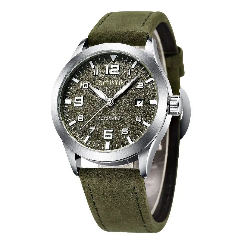 Men's automatic mechanical watch with retro leather strap showing multiple colour dial and case combinations