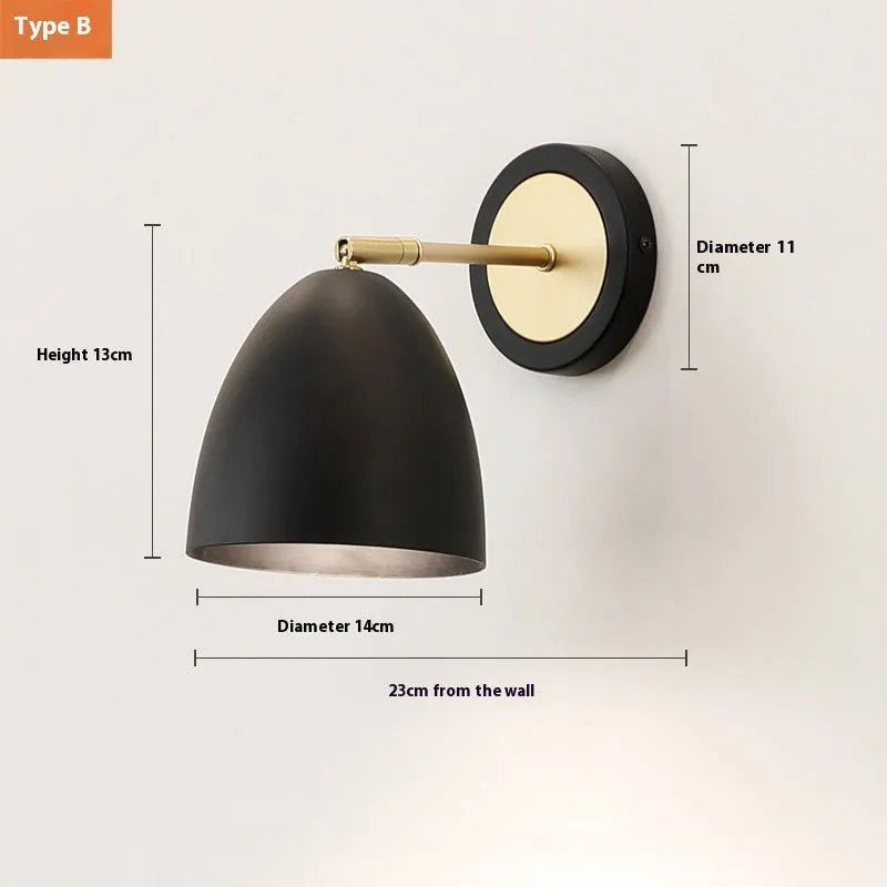 Nordic style iron wall lamp for bedroom or living room with metallic finish