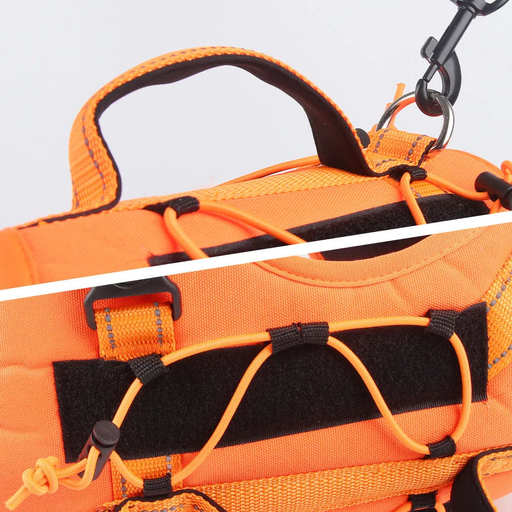 Reflective dog harness with explosion-proof hand-holding rope in orange colour showing vest design and secure grip