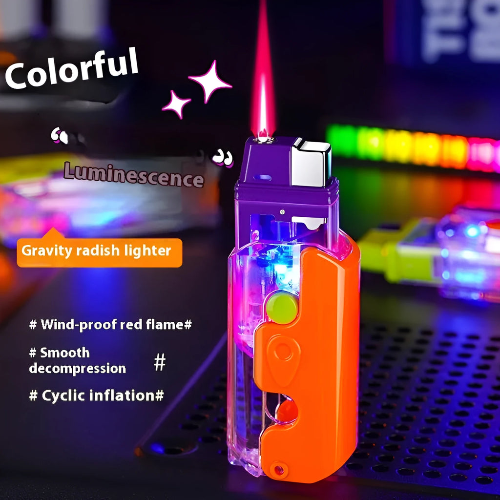 Colourful plastic rad-shaped lighter in orange, purple, or green on a plain background.