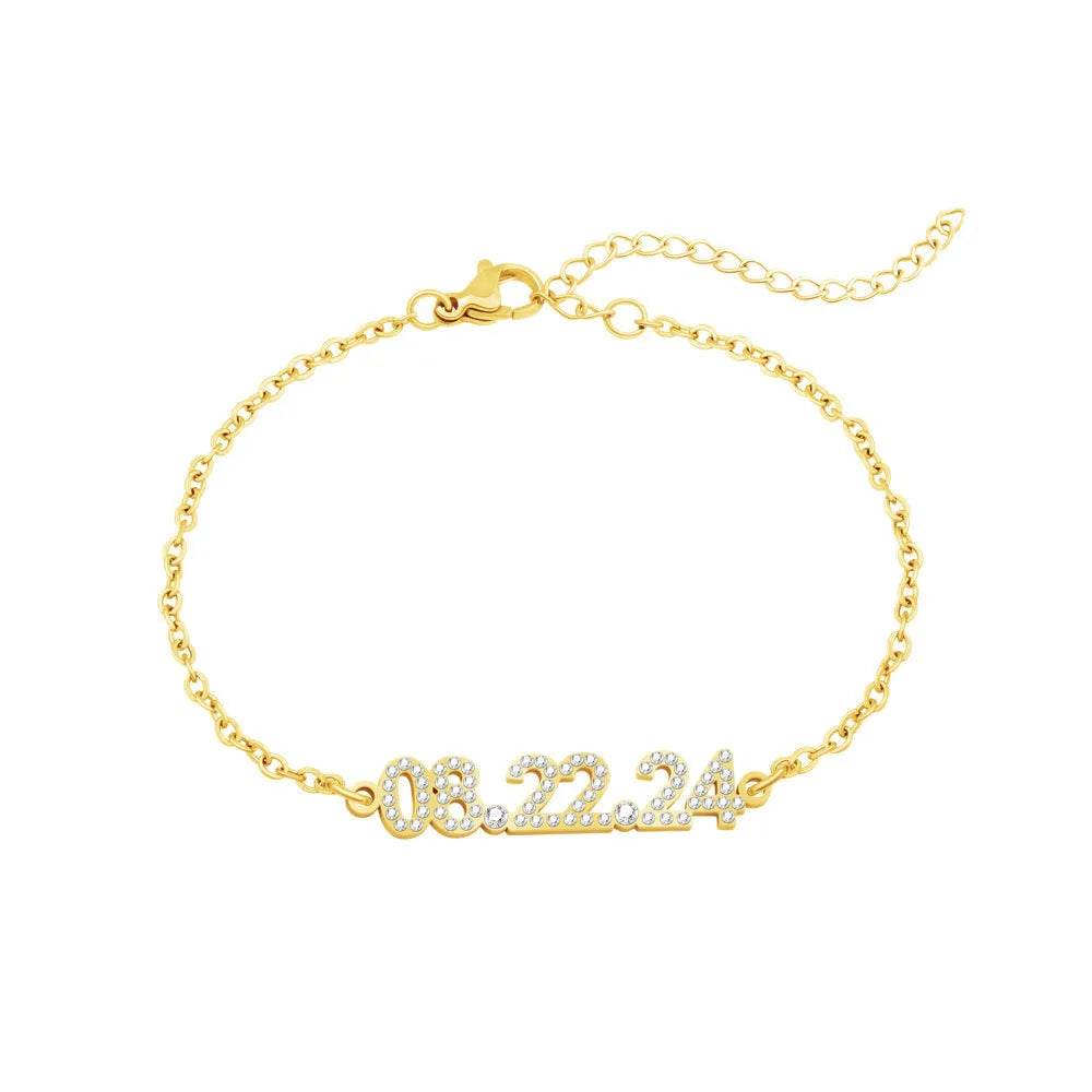 Stainless steel digital bracelet with diamond studded numbers, matching necklace option