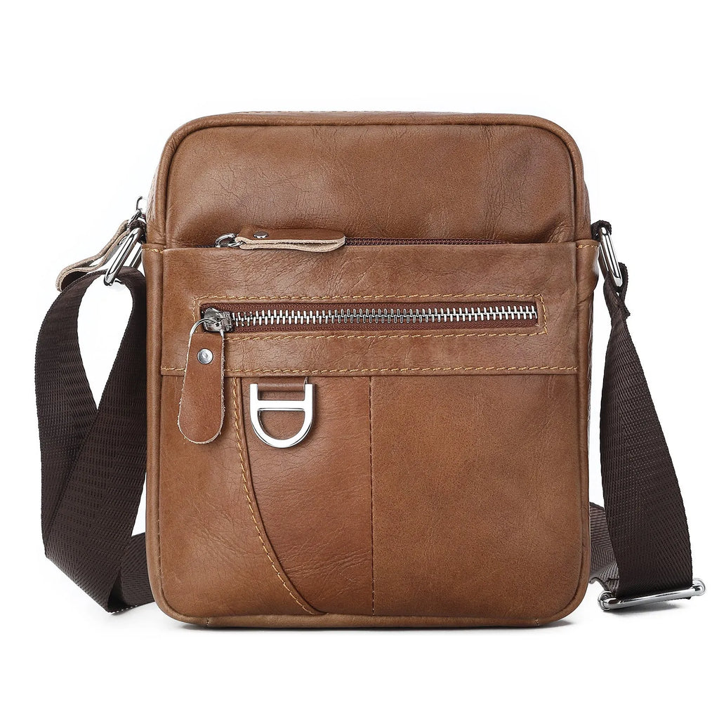 Genuine leather retro messenger bag 8 inch cowhide shoulder crossbody for men black solid colour