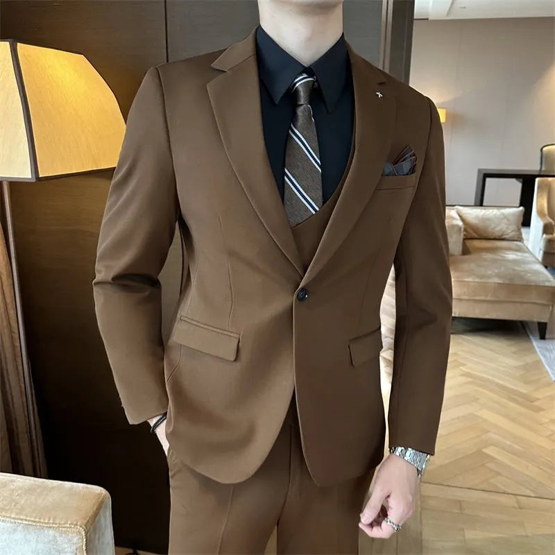 Men's dark green slim fit business suit jacket on a hanger.