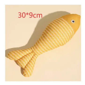 Catnip stuffed fish toy for cats in blue, red and yellow colour options showing large and medium size comparison