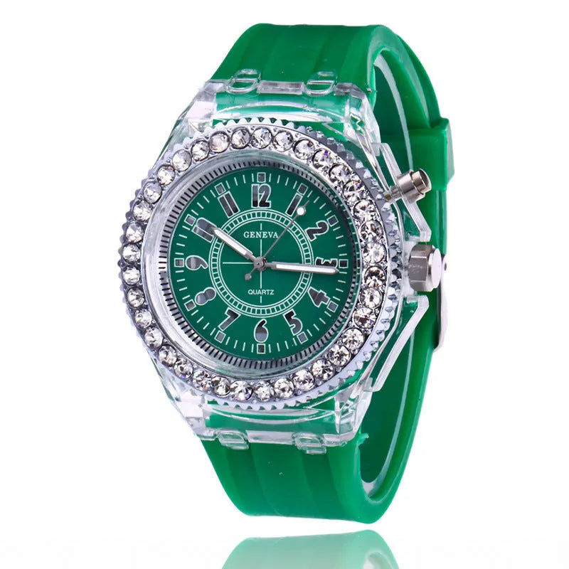 Women's LED luminous quartz watch with round 43mm alloy case and coloured silicone strap