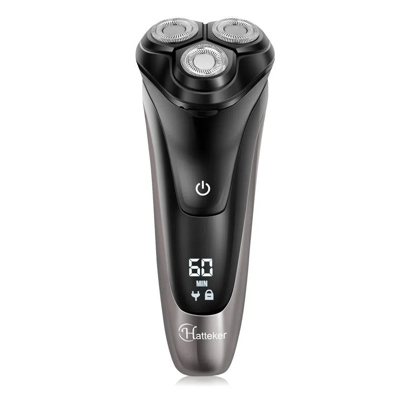 Men's electric shaver kit with three floating heads, sideburn trimmer, USB cable and cleaning accessories