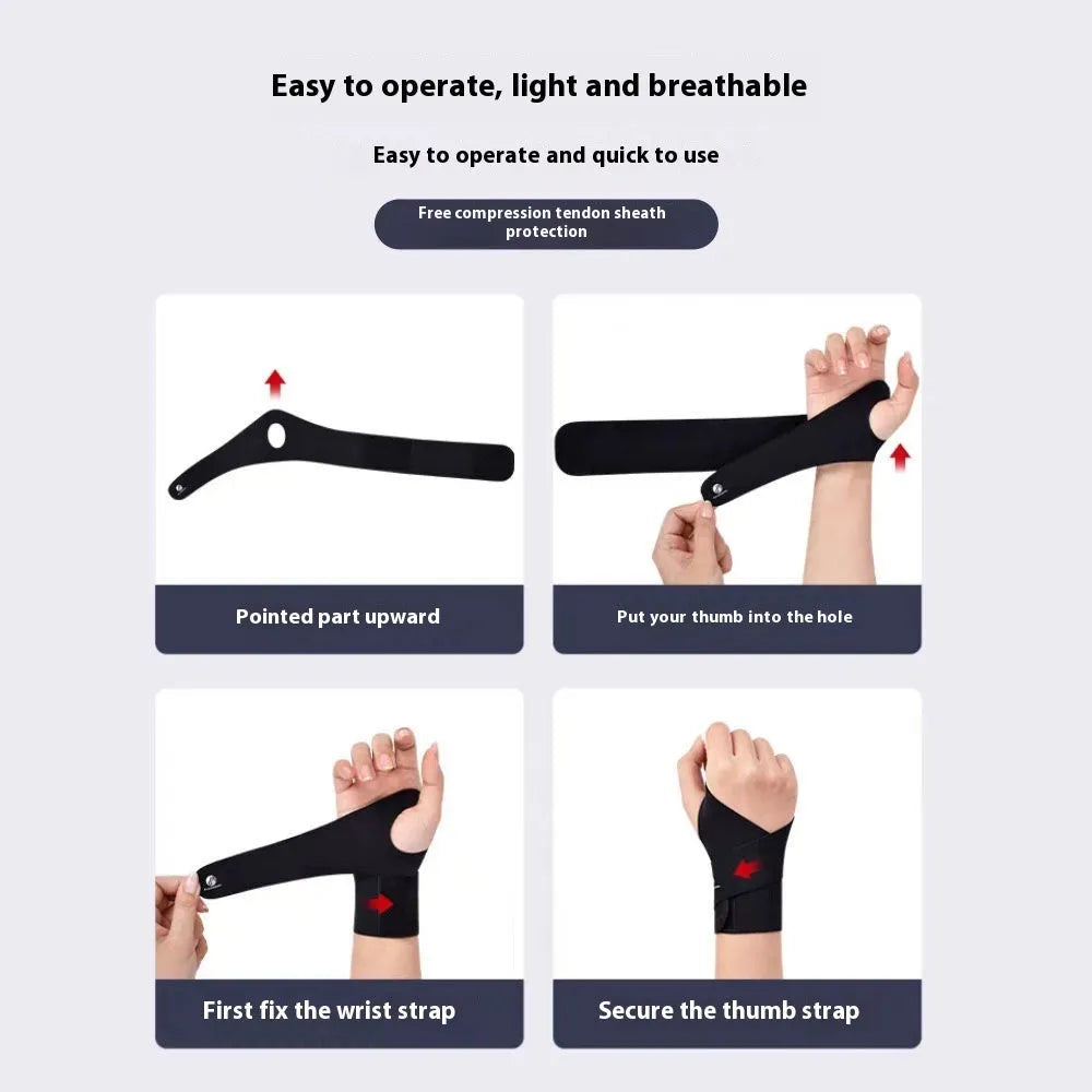 Adjustable black athletic wristguard worn on a wrist, suitable for sports like badminton and tennis.