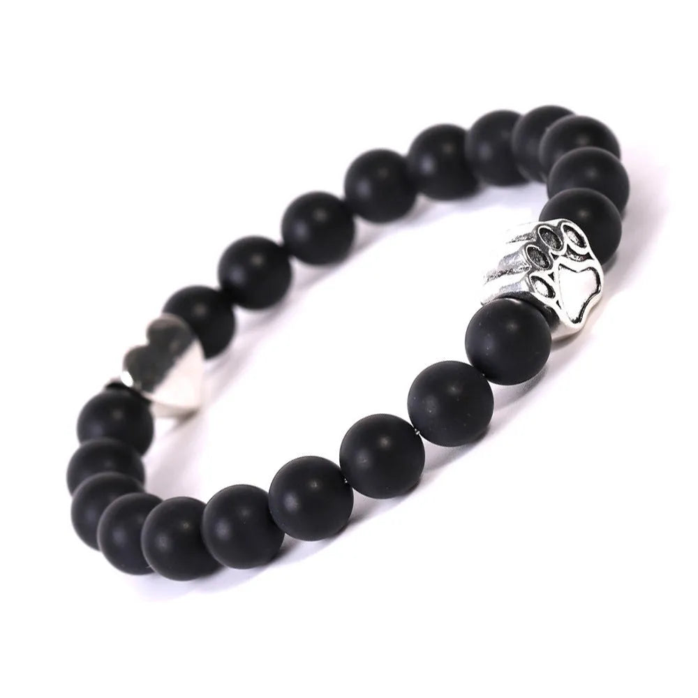 Tigereye Indian agate stone bracelet with dog's paw and love heart charms in beaded geometric design
