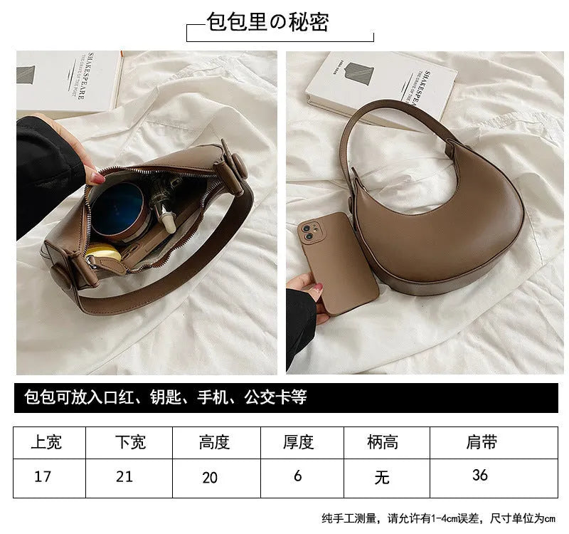 Women's retro brown dumpling-shaped PU shoulder bag showing front pocket and crossbody strap.