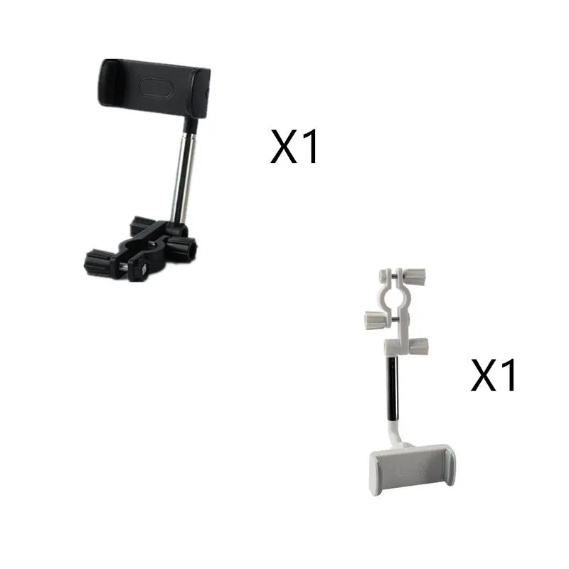 Black vehicle rearview mirror phone bracket showing adjustable arm and clip mechanism