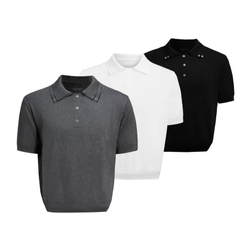Men's black polyester short sleeve shirt with double collar lapel design and fastener decoration