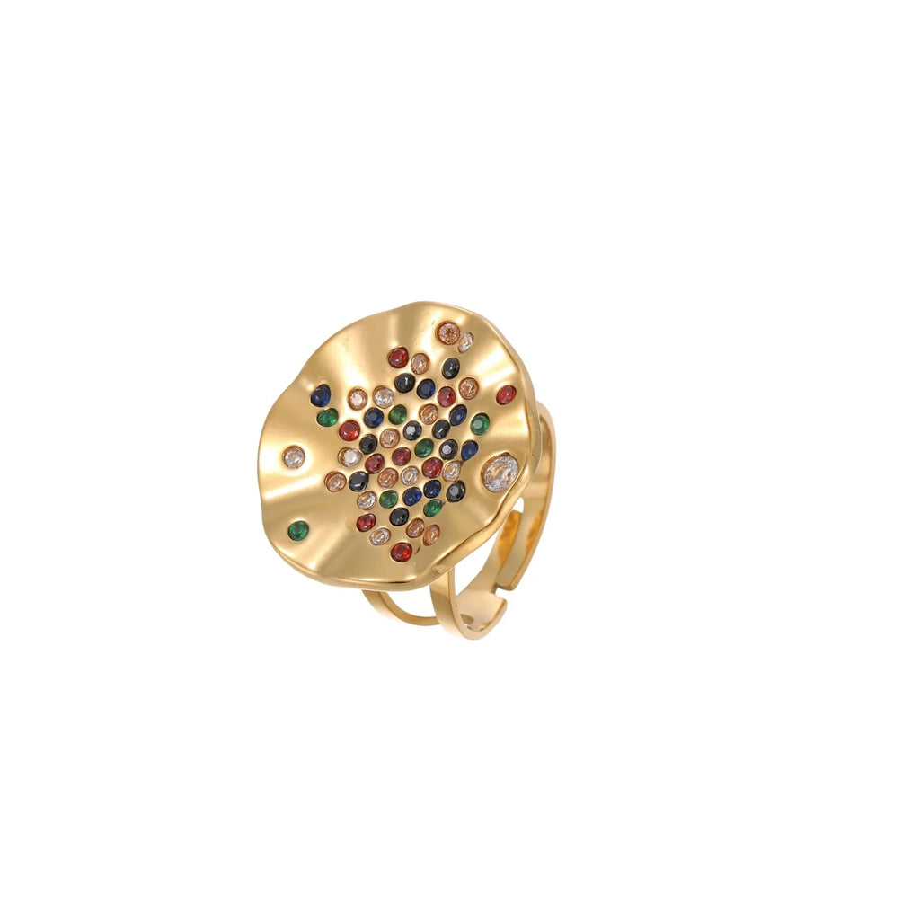 Geometric titanium steel ring with pleated band and coloured crystal inlays, open-mouth adjustable design
