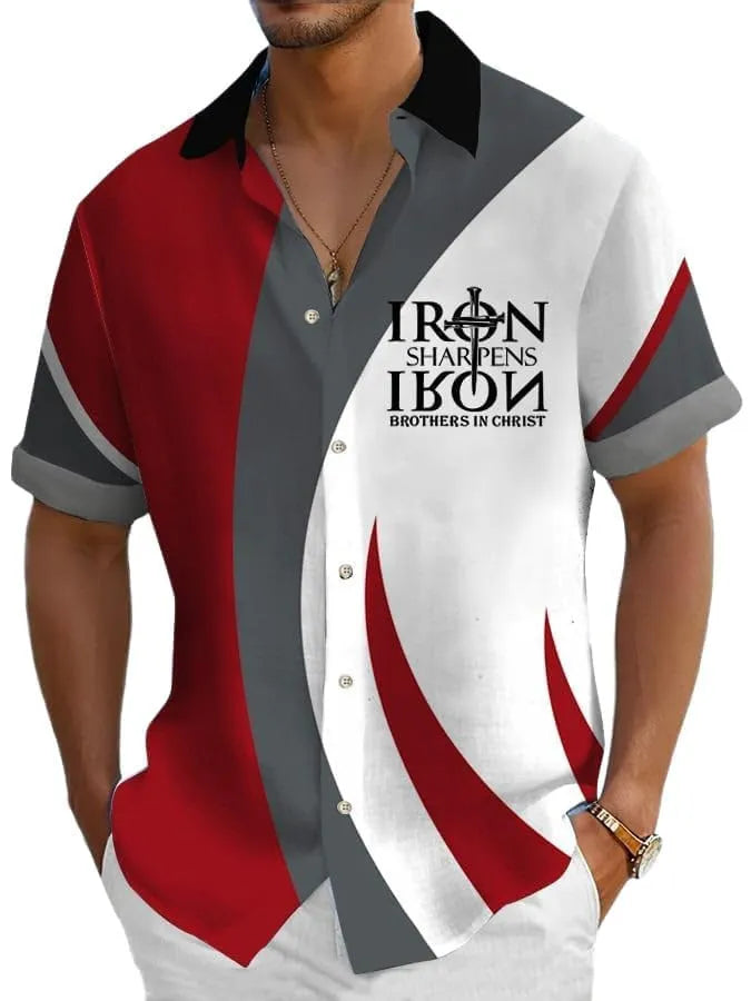 Men's loose fit short sleeve Hawaiian shirt with a colourful digital print pattern on polyester fabric.