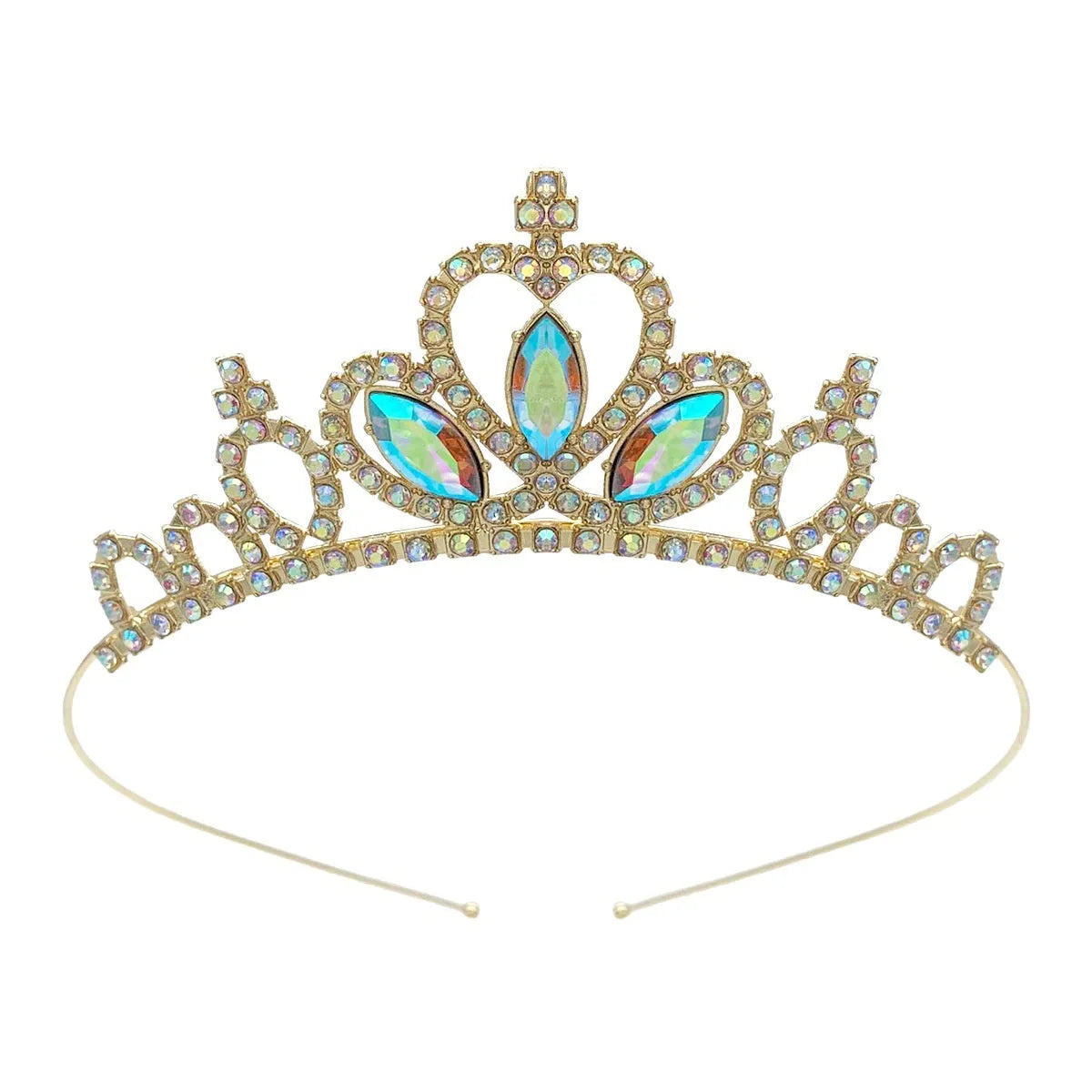 Gold electroplated alloy princess crown headdress with diamond-like decorations for birthday parties