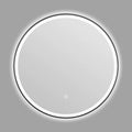 Round black aluminium frame LED bathroom mirror mounted on wall with touch control for dimmable lighting.