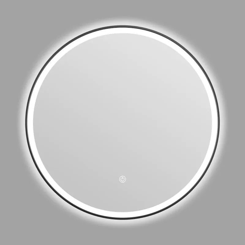 Round black aluminium frame LED bathroom mirror mounted on wall with touch control for dimmable lighting.