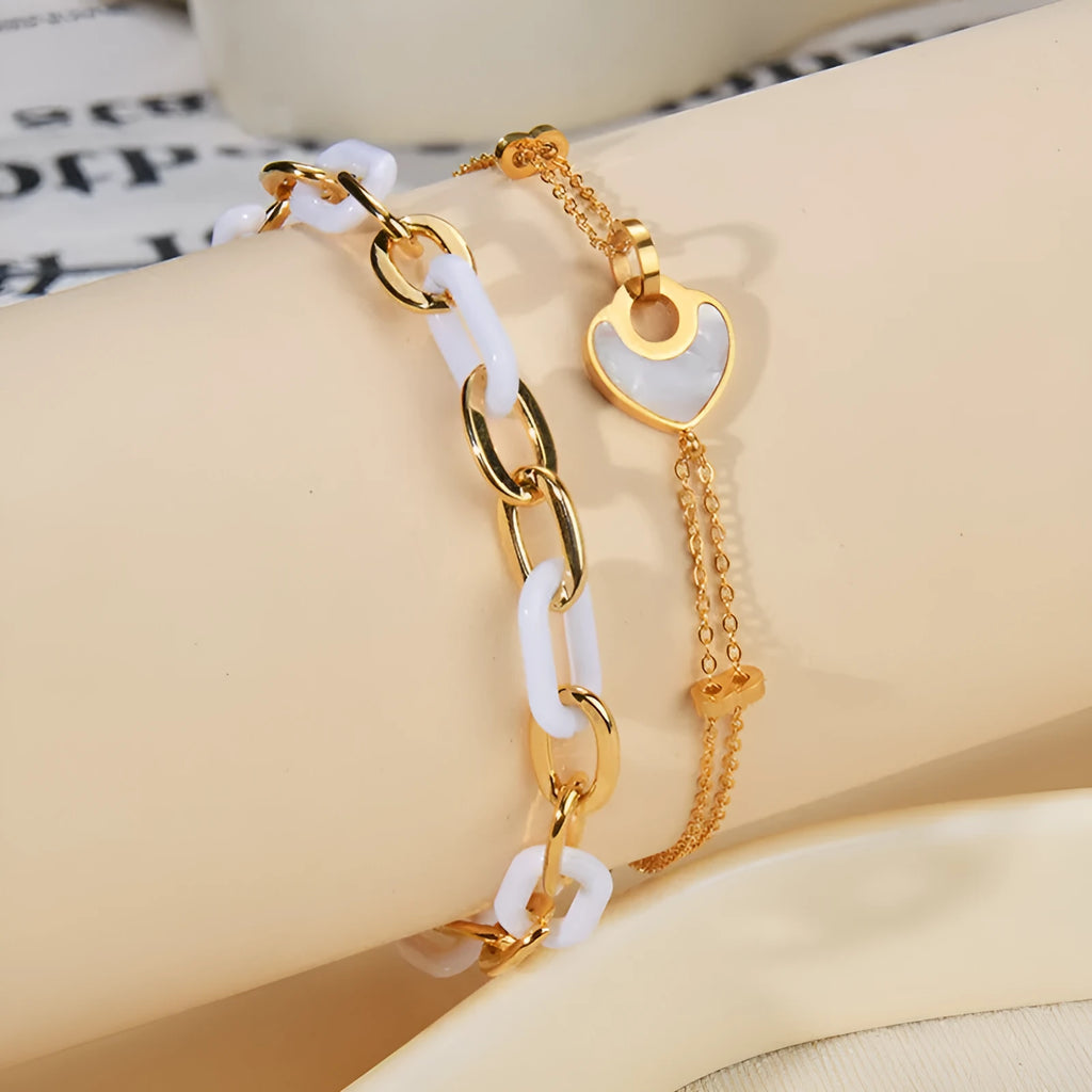 Women's stainless steel and resin double layer heart bracelet with electroplated finish