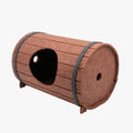 Assembled wine barrel shaped cat bed made from brown polyester fibre felt.