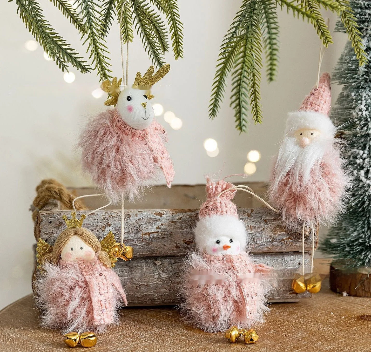 Pink plush snowman Christmas tree hanging decoration with stitched face
