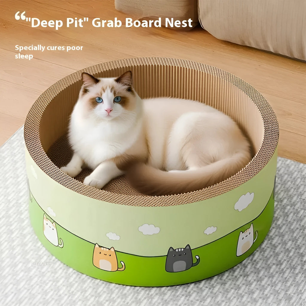 Large round cat scratch board with deep pit design on integrated base in HK Round Pit colour