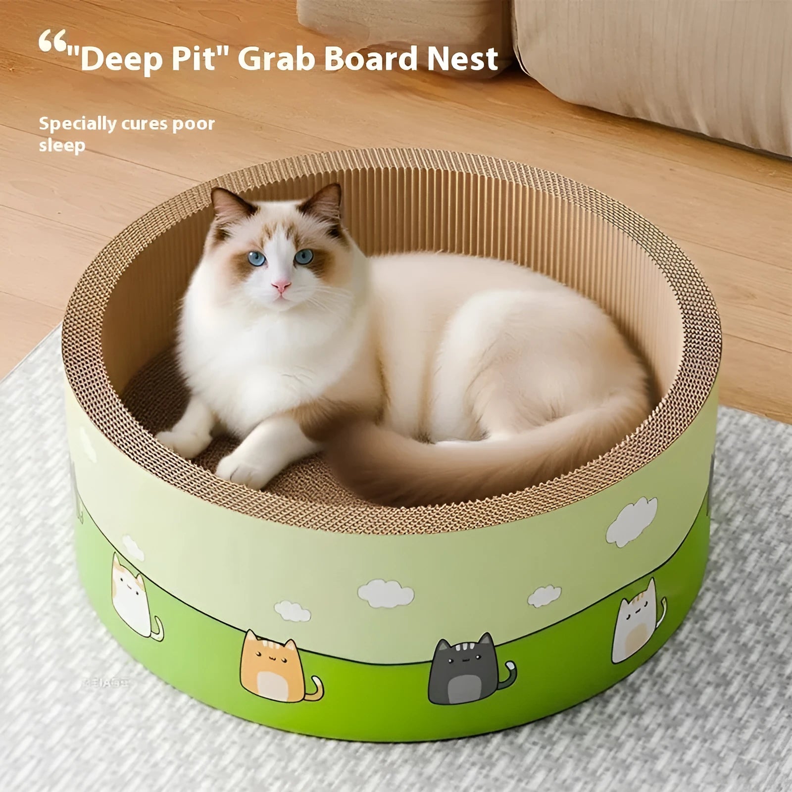 Large round cat scratch board with deep pit design on integrated base in HK Round Pit colour