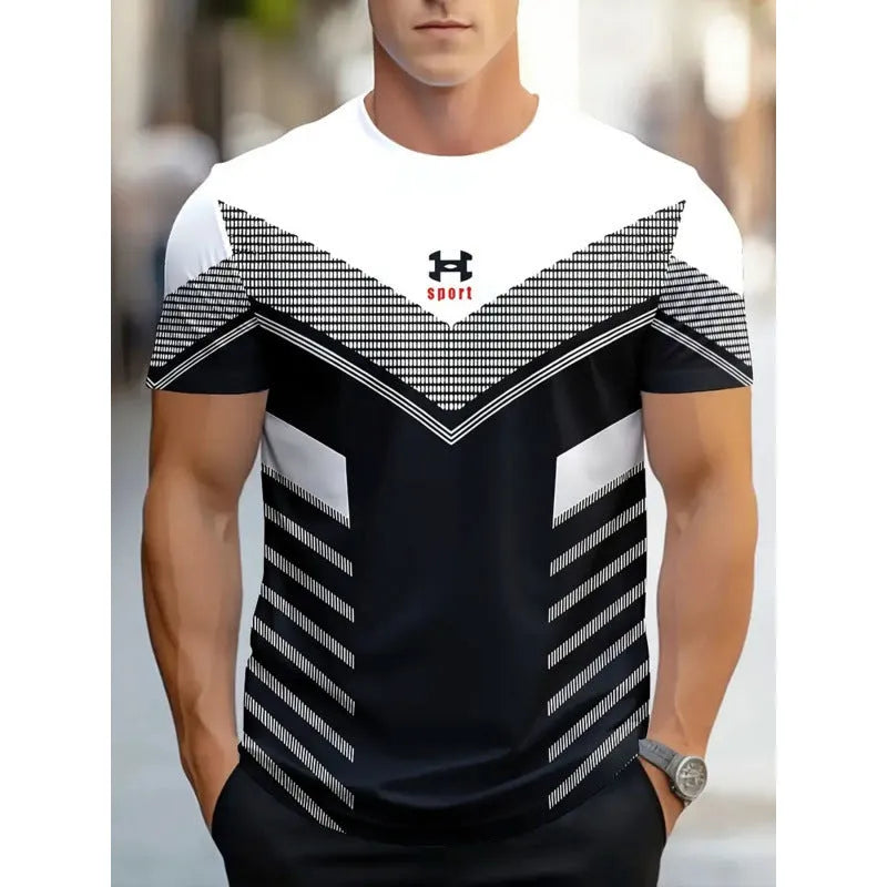 Man wearing a loose-fit short sleeve t-shirt with a raised digital 3D printed stripe pattern in blue.