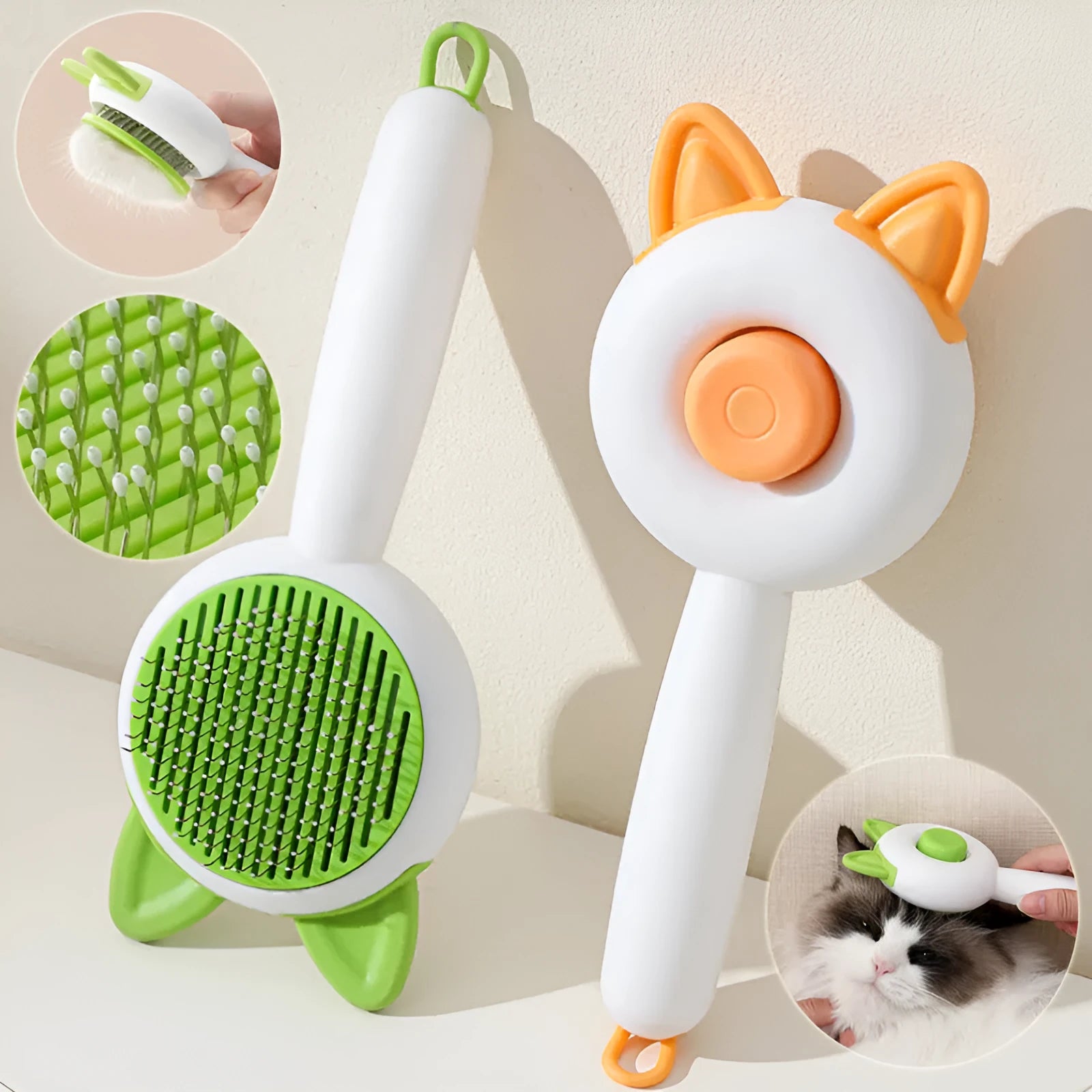 Self-cleaning pet grooming comb for cats in greenish white colour with stainless steel teeth