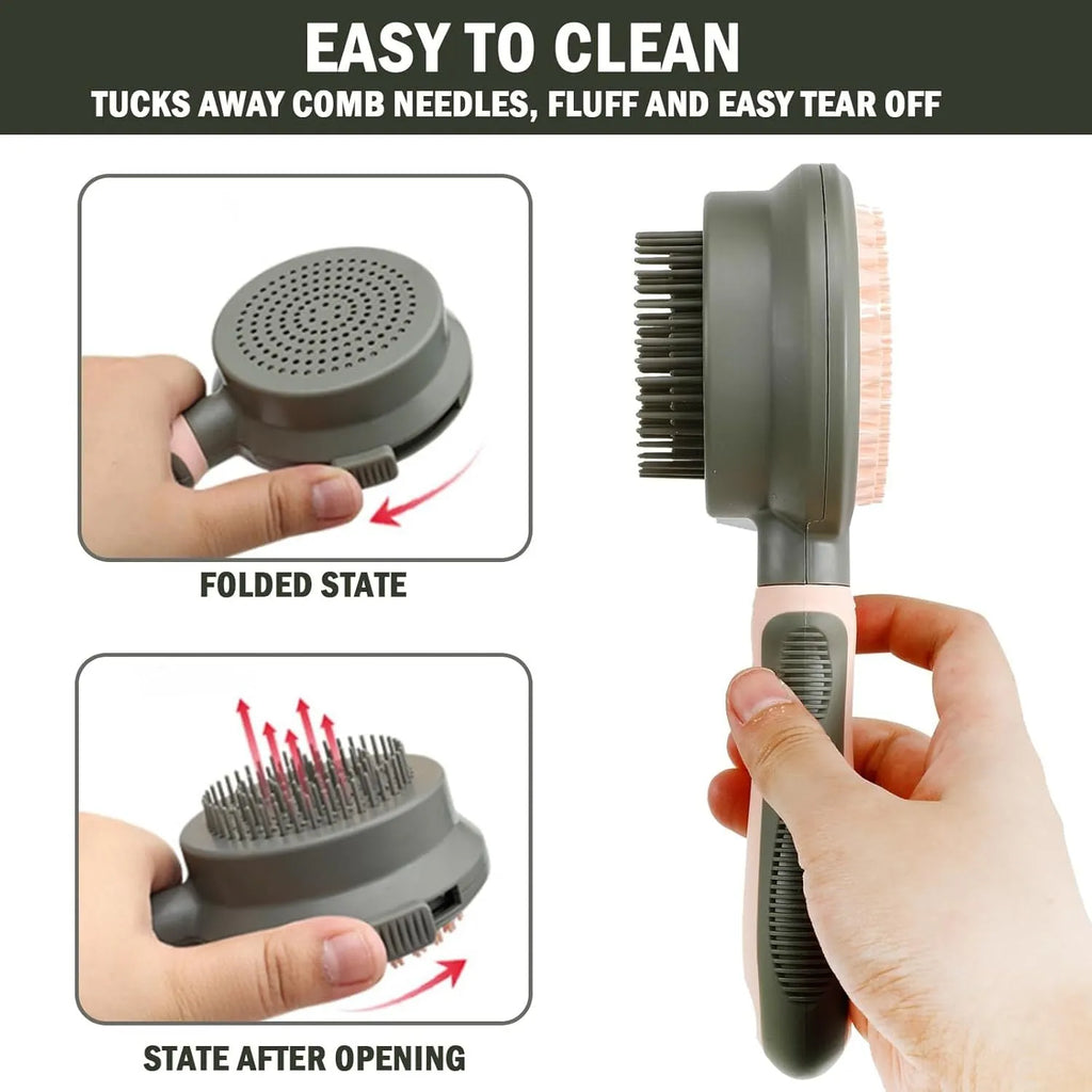 Double sided pink cat brush with release button and separate flea comb for grooming