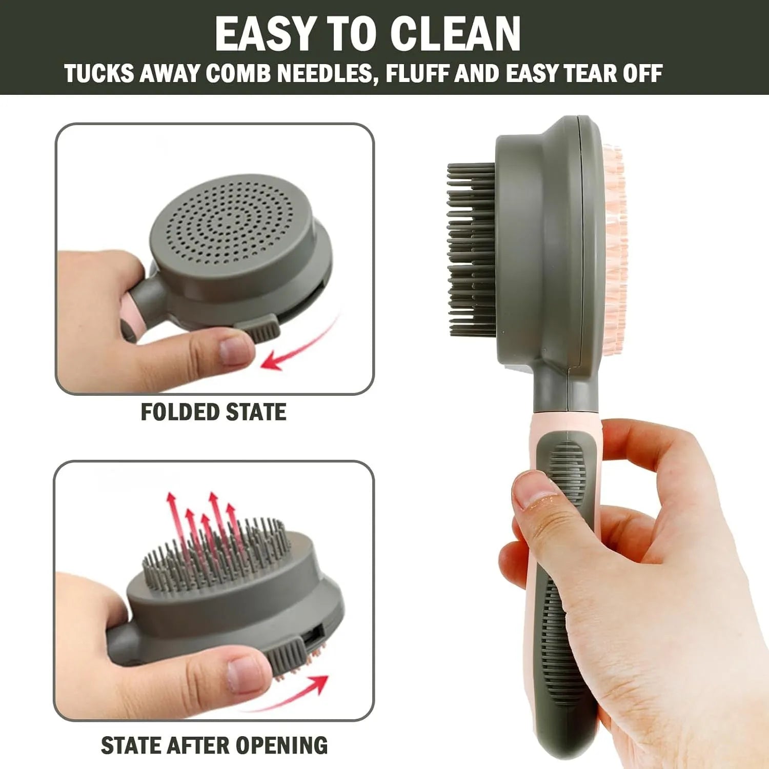 Double sided pink cat brush with release button and separate flea comb for grooming
