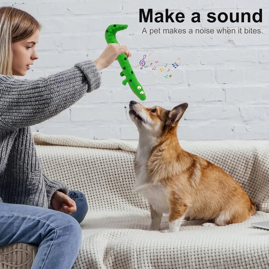 Green cartoon lizard shaped latex dog chew toy with squeaker for aggressive chewers