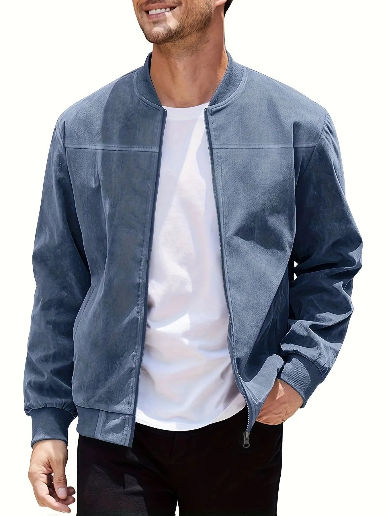 Men's plus size suede casual jacket in Army Green with zipper closure and regular fit.