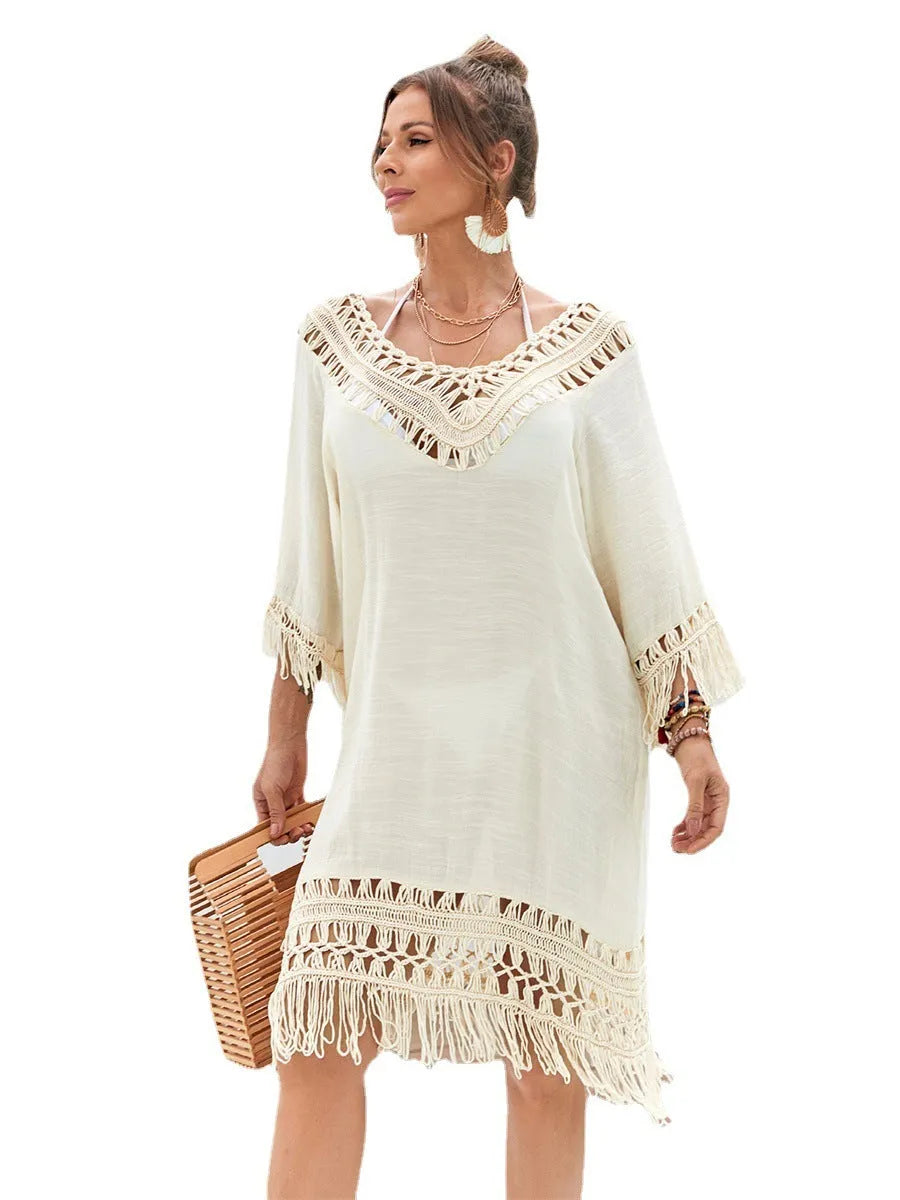 Apricot coloured women's hand-crocheted beach dress with full length design for swimming